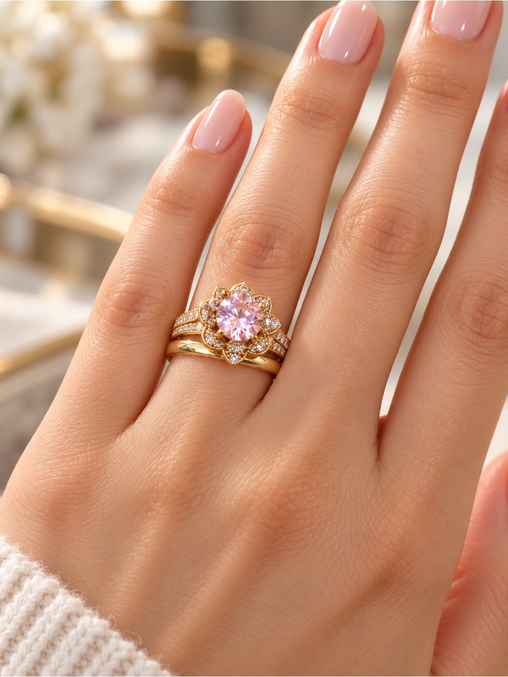 Elegant Pink Gemstone Floral Gold-Tone Ring and little diamonds around size 8.5